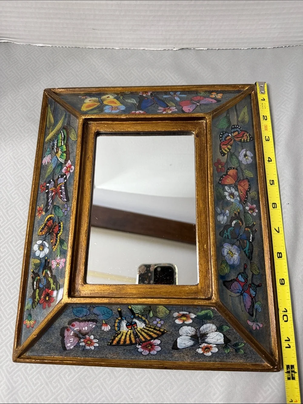 Vtg Peruvian Reverse Painted Mirror Vibrant Color Intricate Floral & Butterflies